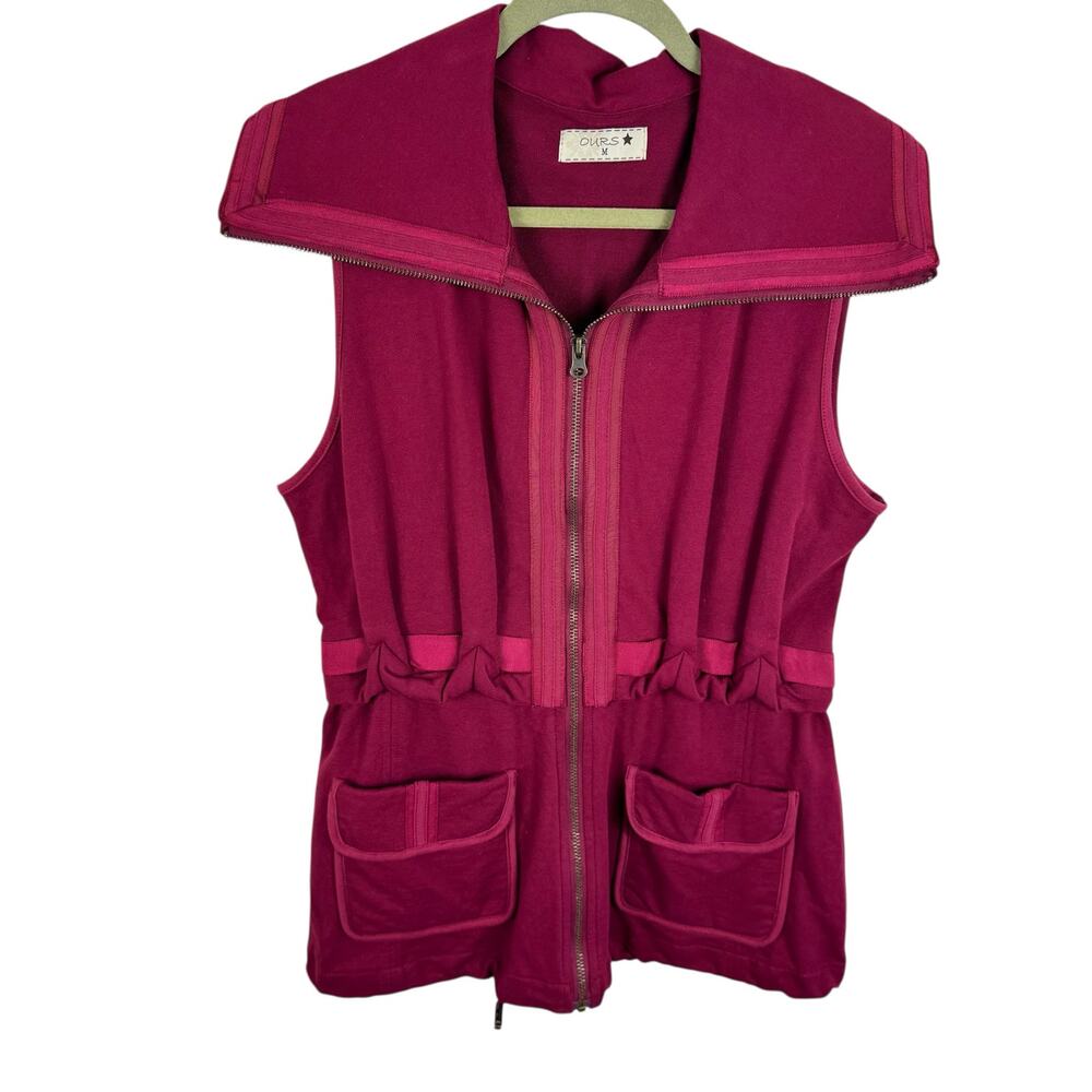 OURS 100% Cotton Red Full Zip Pleated Collared Vest Pockets Cinching Cord Size M